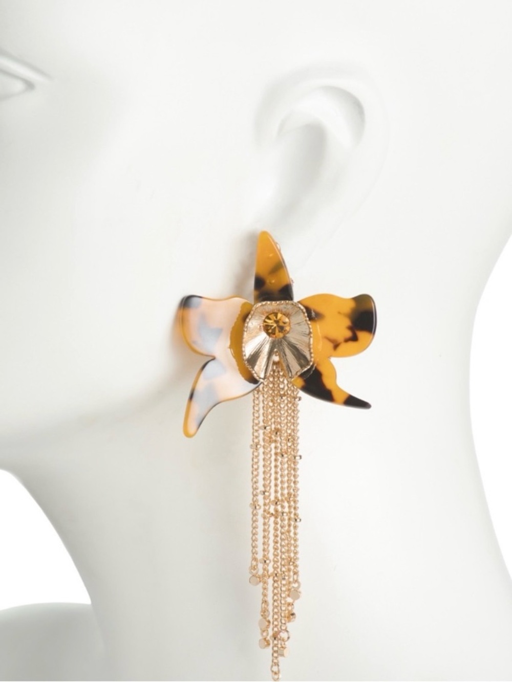 Betsey Johnson Tortoiseshell Floral Drop Earrings with Gold Chains - Picture 6 of 8
